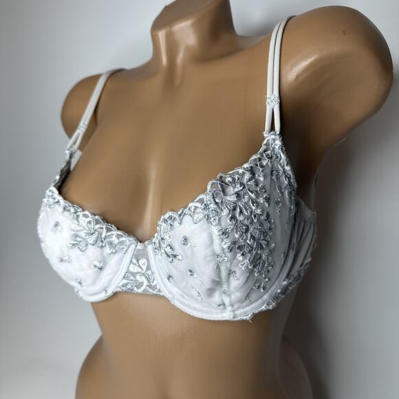 Vintage La Perla Coquette Floral Embroidered Lace Underwire Bra 36 Muted Blue - Picture 3 of 16